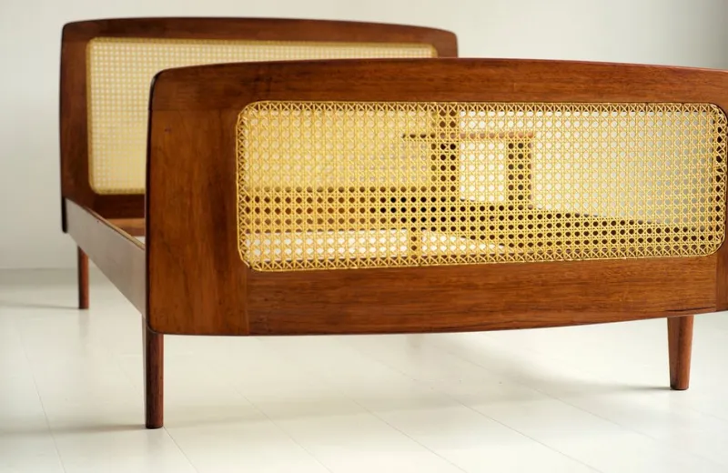 Best Pamono French Bed in Mahogany and Rattan by Roger Landault for Ligne Roset, 1960