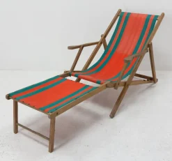 Pamono French Beech & Fabric Folding Deck Chair> Garden Seating