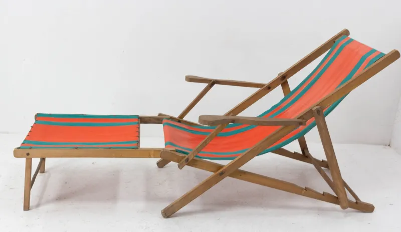 Pamono French Beech & Fabric Folding Deck Chair> Garden Seating