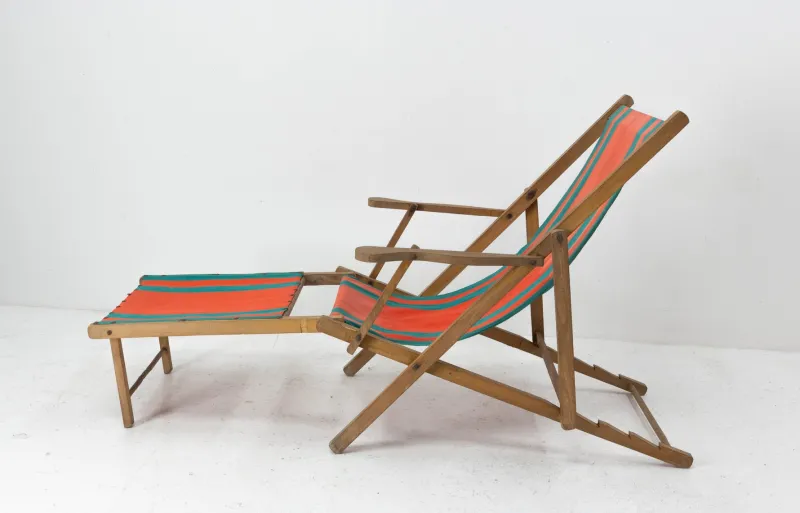 Pamono French Beech & Fabric Folding Deck Chair> Garden Seating