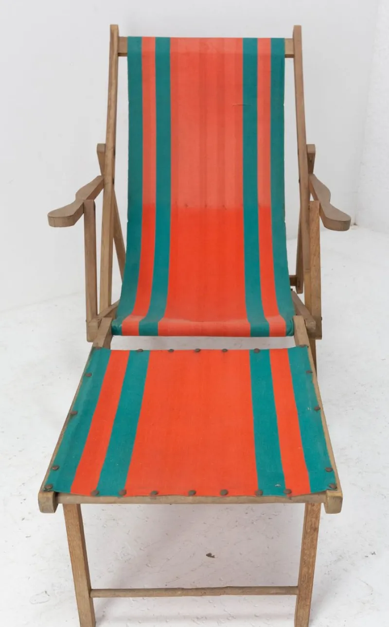 Pamono French Beech & Fabric Folding Deck Chair> Garden Seating