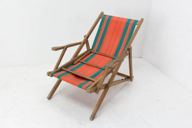 Pamono French Beech & Fabric Folding Deck Chair> Garden Seating