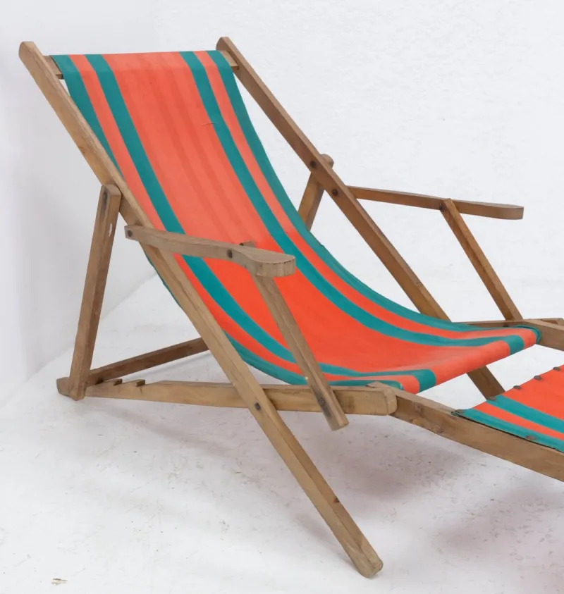 Pamono French Beech & Fabric Folding Deck Chair> Garden Seating