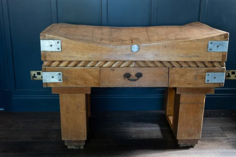 Pamono French Butcher's Block on Original Stand in Brown Beech, Early 20th Century