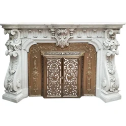 Pamono French Carved Marble Fireplace with Original Brass Insert, 1880> Fireplaces And Mantels