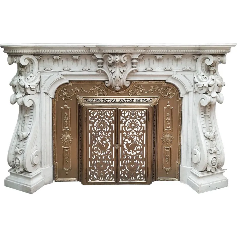Pamono French Carved Marble Fireplace with Original Brass Insert, 1880> Fireplaces And Mantels