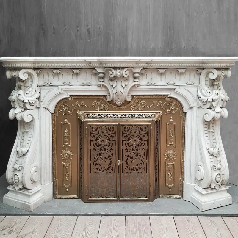 Pamono French Carved Marble Fireplace with Original Brass Insert, 1880> Fireplaces And Mantels