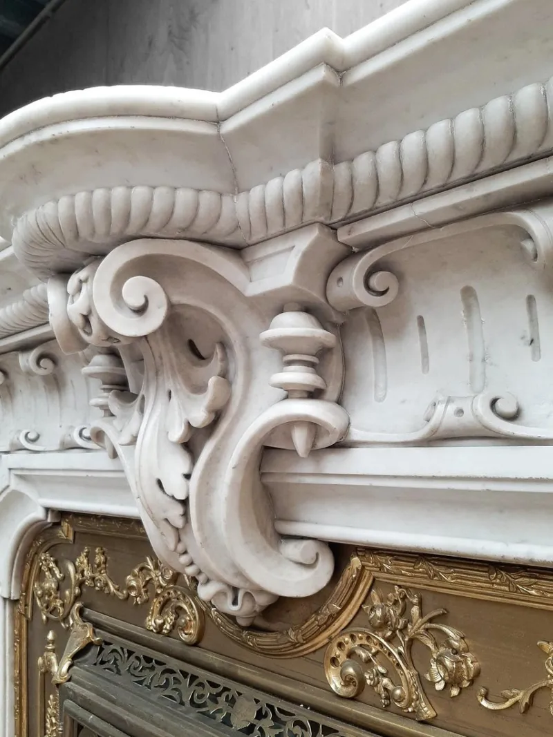 Pamono French Carved Marble Fireplace with Original Brass Insert, 1880> Fireplaces And Mantels