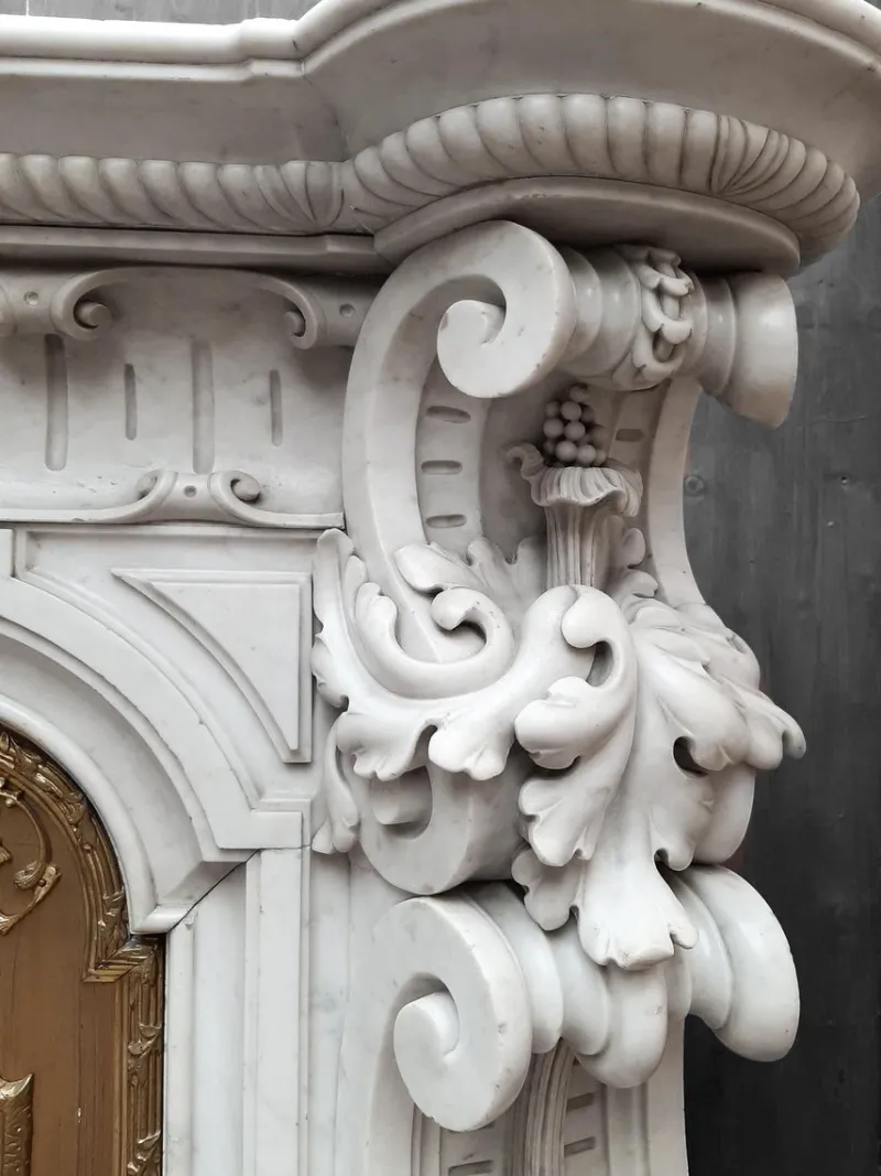 Pamono French Carved Marble Fireplace with Original Brass Insert, 1880> Fireplaces And Mantels