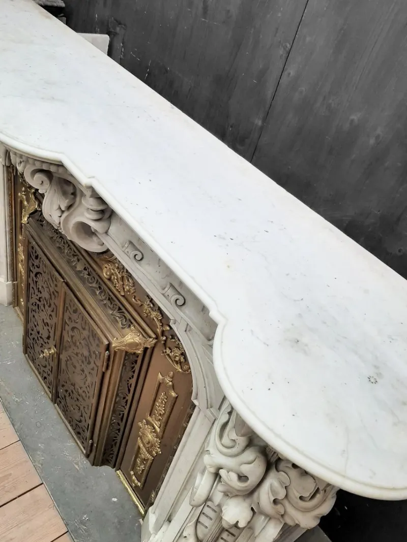 Pamono French Carved Marble Fireplace with Original Brass Insert, 1880> Fireplaces And Mantels
