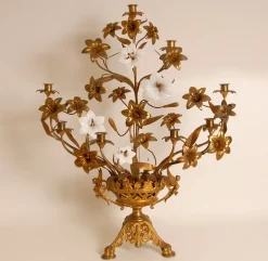 Clearance Pamono French Church Candelabra in Gold Bronze and Brass White Opaline Glass Flowers, 1890s, Set of 2