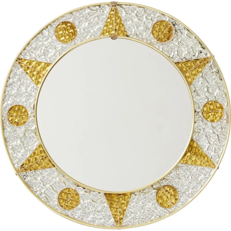 Pamono French Circular Mirror with Embossed Geometric Metal Frame, 1960s> Mirrors