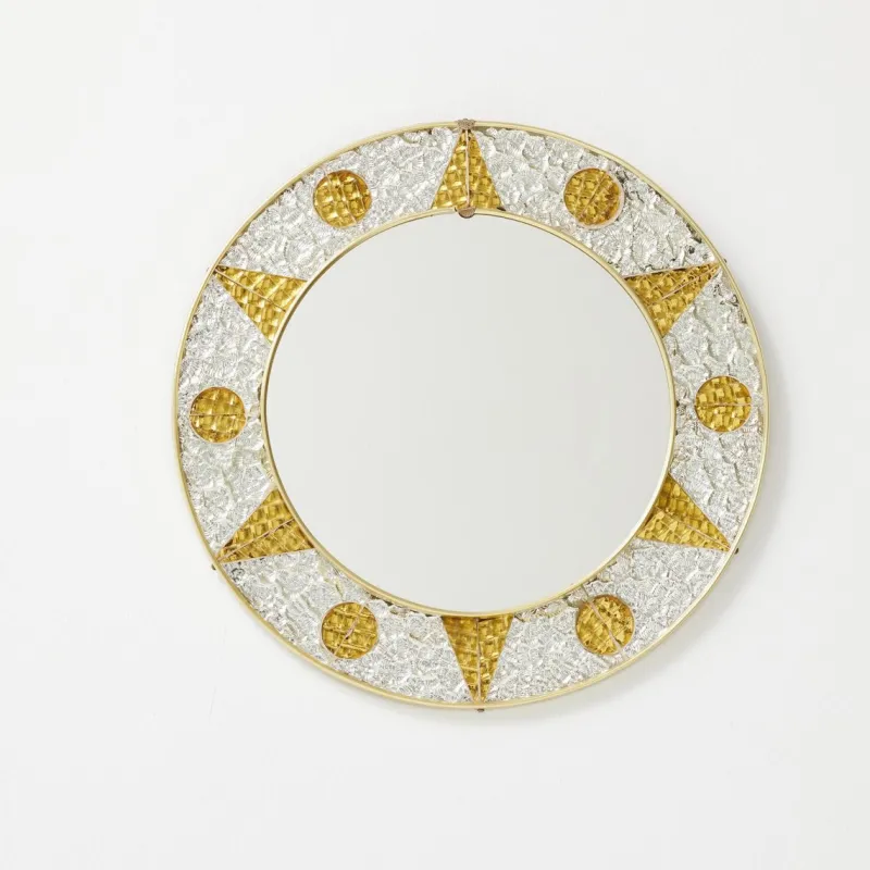 Pamono French Circular Mirror with Embossed Geometric Metal Frame, 1960s> Mirrors
