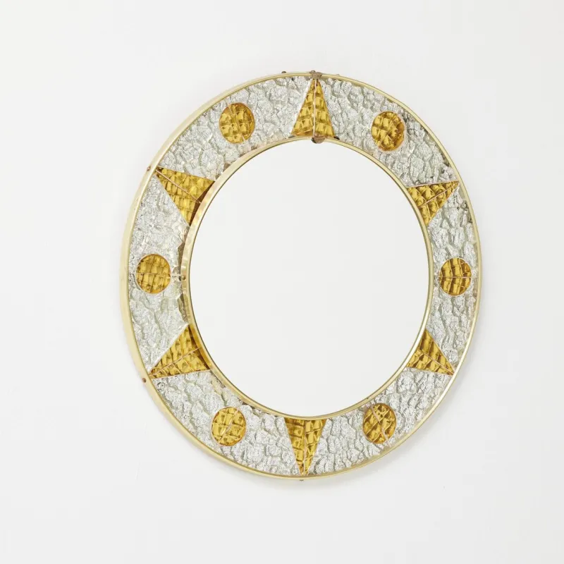 Pamono French Circular Mirror with Embossed Geometric Metal Frame, 1960s> Mirrors