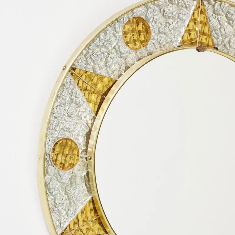 Pamono French Circular Mirror with Embossed Geometric Metal Frame, 1960s> Mirrors