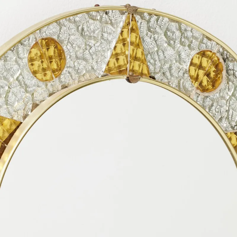 Pamono French Circular Mirror with Embossed Geometric Metal Frame, 1960s> Mirrors