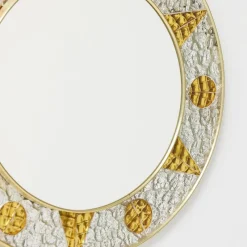 Pamono French Circular Mirror with Embossed Geometric Metal Frame, 1960s><noscript><img width=