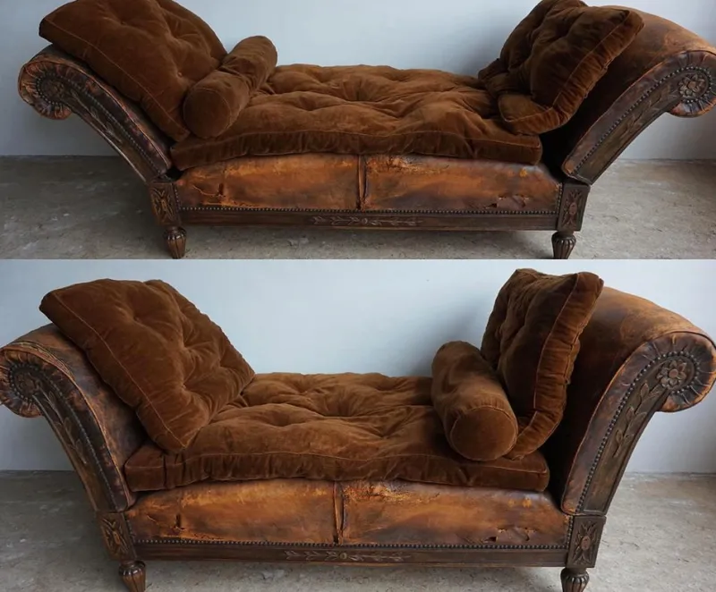 Pamono French Distressed Leather Adjustable Loveseat or Daybed, 1900s> Daybeds & Chaises Lounges