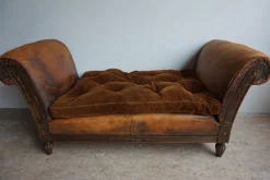 Pamono French Distressed Leather Adjustable Loveseat or Daybed, 1900s><noscript><img width=