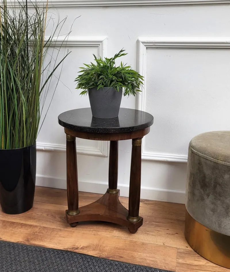 Pamono French Empire Gueridon Side Table with Tripod Columns Brass and Marble Top, 1890s> Coffee & Side Tables
