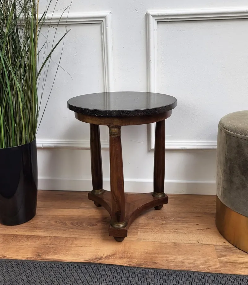 Pamono French Empire Gueridon Side Table with Tripod Columns Brass and Marble Top, 1890s> Coffee & Side Tables