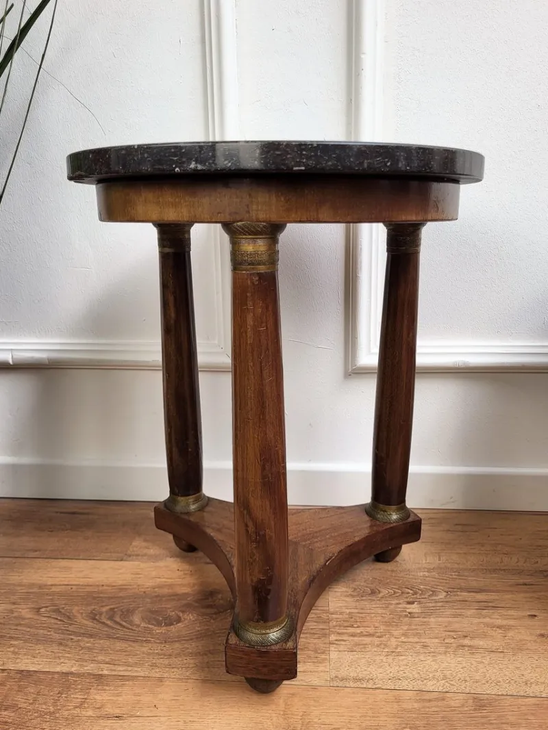Pamono French Empire Gueridon Side Table with Tripod Columns Brass and Marble Top, 1890s> Coffee & Side Tables