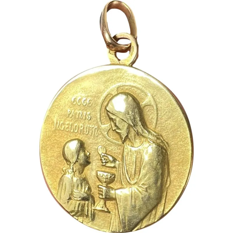 Pamono French Holy Communion 18k Yellow Gold Medal Pendant, 1890s> Necklaces