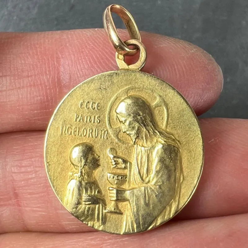 Pamono French Holy Communion 18k Yellow Gold Medal Pendant, 1890s> Necklaces