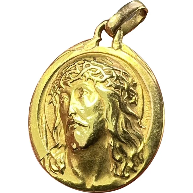 Pamono French 18k Yellow Gold Jesus Christ Crown of Thorns Medal Charm Pendant by Charl, 1950s> Necklaces