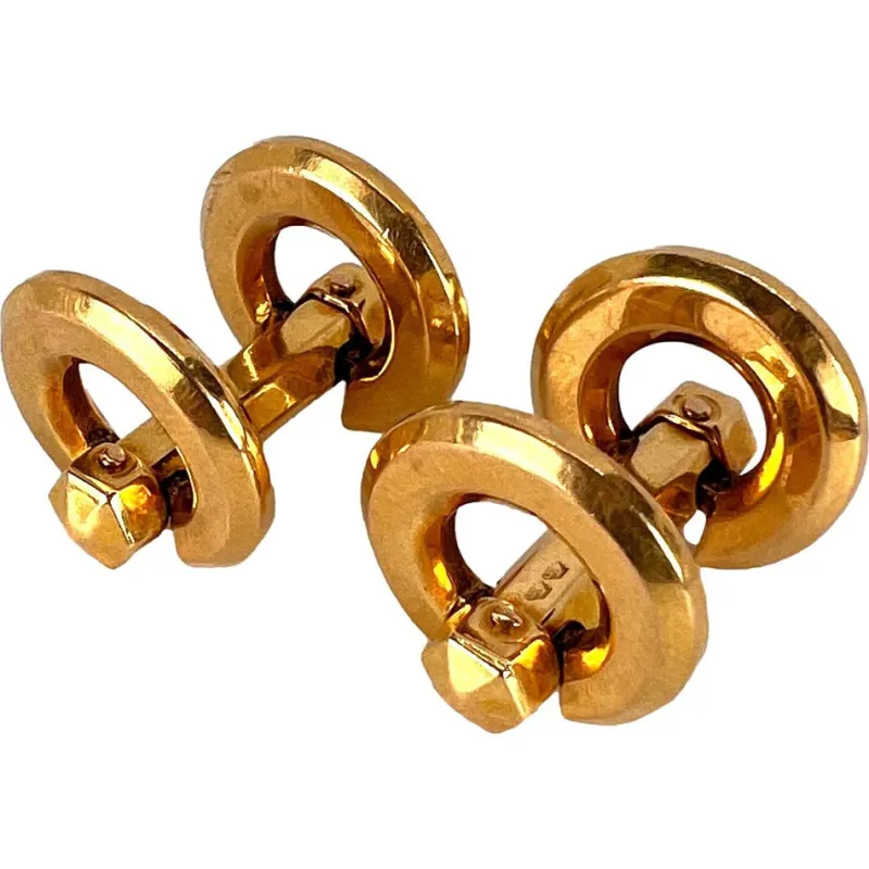 Pamono French 18k Yellow Gold Mecan Elde Hexagonal Circle Cufflinks, 1940s, Set of 2> Cufflinks
