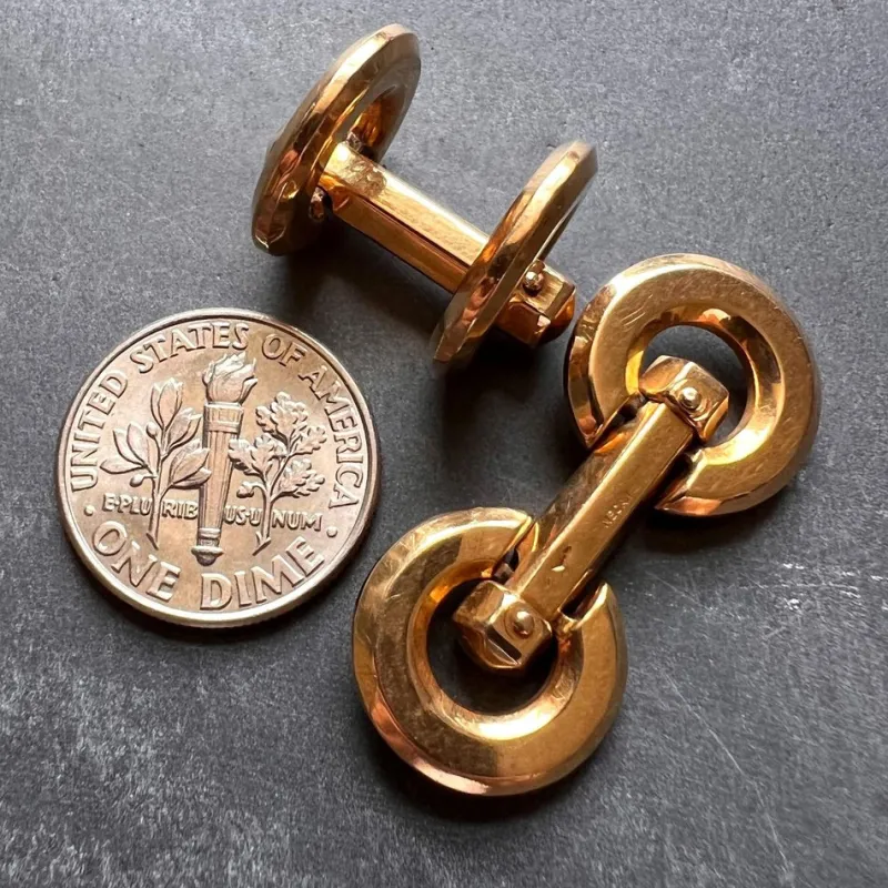 Pamono French 18k Yellow Gold Mecan Elde Hexagonal Circle Cufflinks, 1940s, Set of 2> Cufflinks