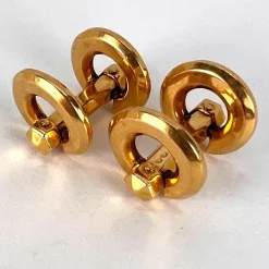 Pamono French 18k Yellow Gold Mecan Elde Hexagonal Circle Cufflinks, 1940s, Set of 2><noscript><img width=