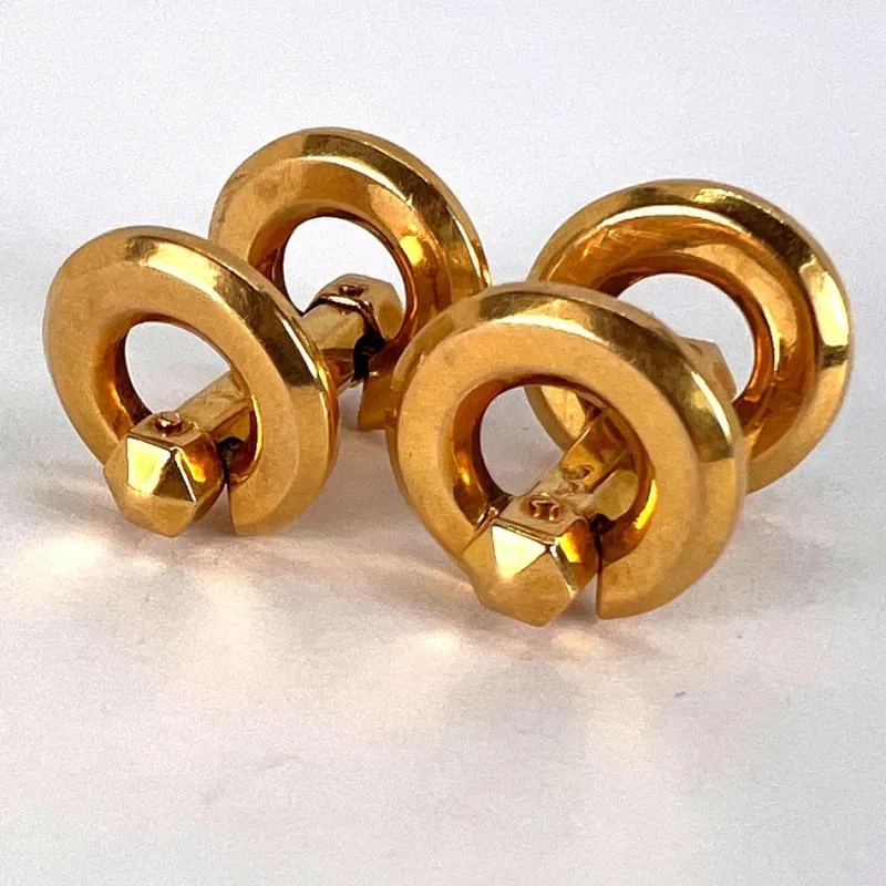 Pamono French 18k Yellow Gold Mecan Elde Hexagonal Circle Cufflinks, 1940s, Set of 2> Cufflinks