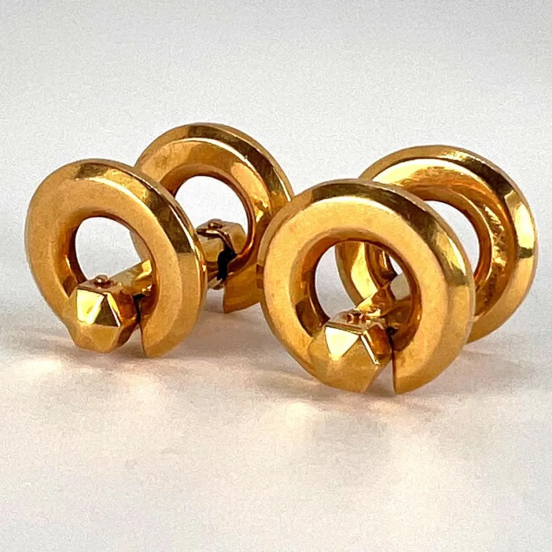 Pamono French 18k Yellow Gold Mecan Elde Hexagonal Circle Cufflinks, 1940s, Set of 2> Cufflinks