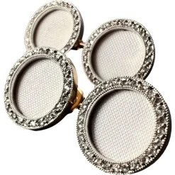 Pamono French 18k Yellow Gold Platinum Diamond and Enamel Cufflinks, 1920s, Set of 2> Cufflinks