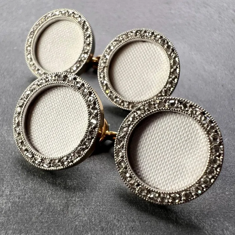 Pamono French 18k Yellow Gold Platinum Diamond and Enamel Cufflinks, 1920s, Set of 2> Cufflinks