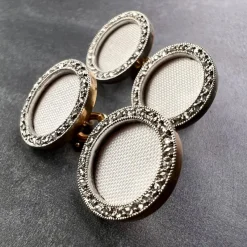Pamono French 18k Yellow Gold Platinum Diamond and Enamel Cufflinks, 1920s, Set of 2><noscript><img width=
