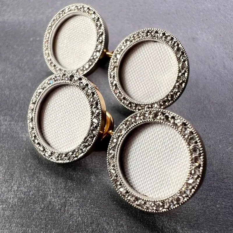 Pamono French 18k Yellow Gold Platinum Diamond and Enamel Cufflinks, 1920s, Set of 2> Cufflinks