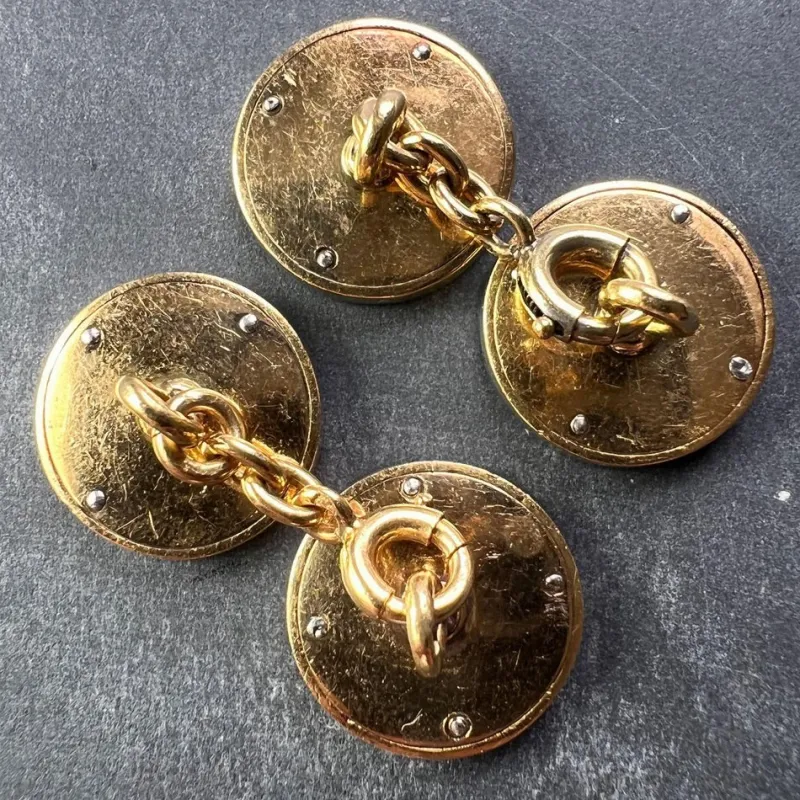 Pamono French 18k Yellow Gold Platinum Diamond and Enamel Cufflinks, 1920s, Set of 2> Cufflinks