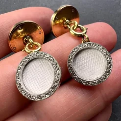 Pamono French 18k Yellow Gold Platinum Diamond and Enamel Cufflinks, 1920s, Set of 2><noscript><img width=
