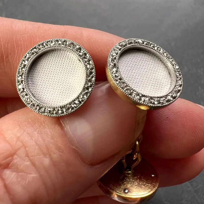 Pamono French 18k Yellow Gold Platinum Diamond and Enamel Cufflinks, 1920s, Set of 2> Cufflinks