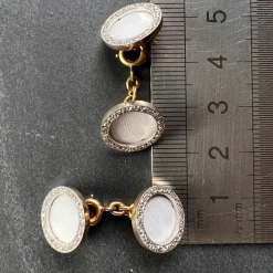 Pamono French 18k Yellow Gold Platinum Diamond and Enamel Cufflinks, 1920s, Set of 2><noscript><img width=