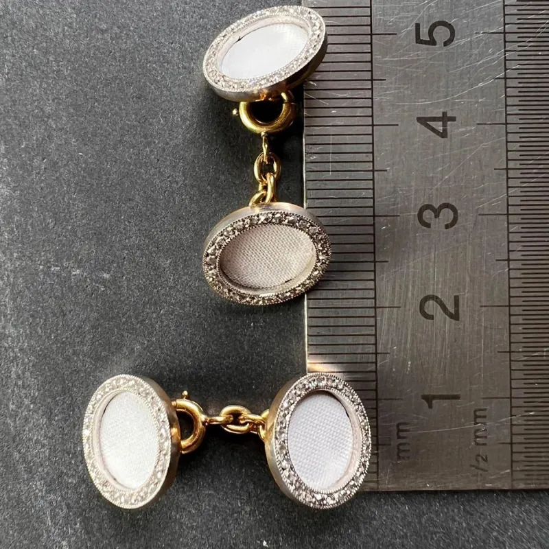 Pamono French 18k Yellow Gold Platinum Diamond and Enamel Cufflinks, 1920s, Set of 2> Cufflinks