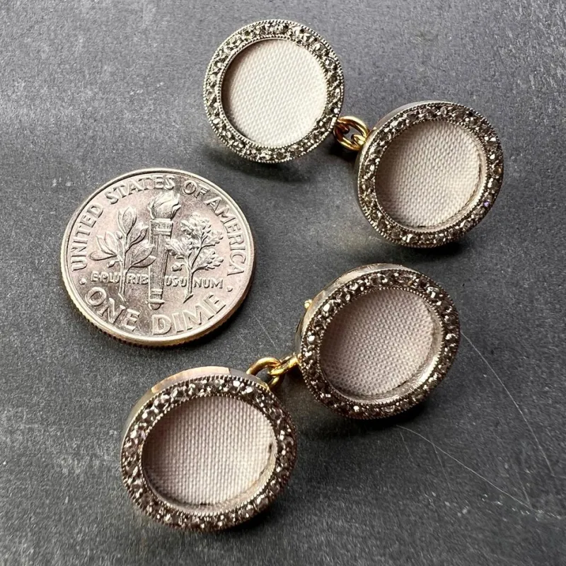 Pamono French 18k Yellow Gold Platinum Diamond and Enamel Cufflinks, 1920s, Set of 2> Cufflinks