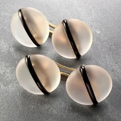 Online Pamono French 18k Yellow Gold Rock Crystal Enamel Stripe Cufflinks, 1930s, Set of 2