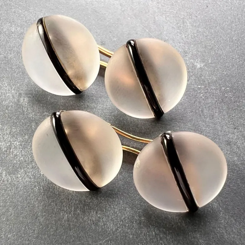 Online Pamono French 18k Yellow Gold Rock Crystal Enamel Stripe Cufflinks, 1930s, Set of 2