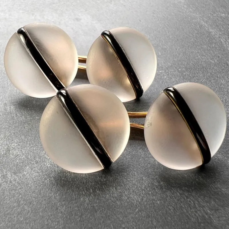 Online Pamono French 18k Yellow Gold Rock Crystal Enamel Stripe Cufflinks, 1930s, Set of 2