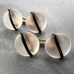 Online Pamono French 18k Yellow Gold Rock Crystal Enamel Stripe Cufflinks, 1930s, Set of 2