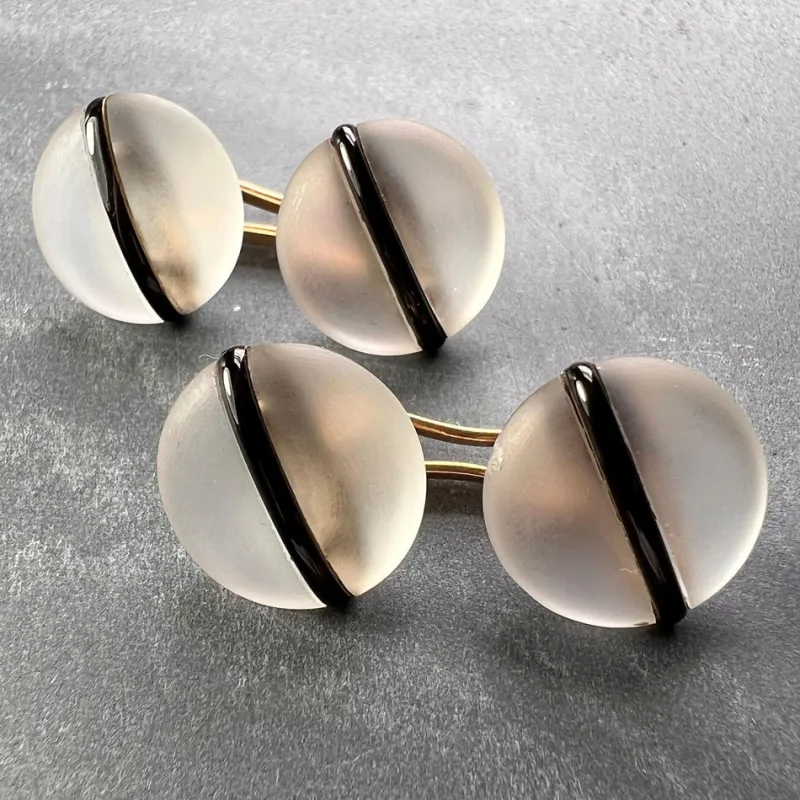 Online Pamono French 18k Yellow Gold Rock Crystal Enamel Stripe Cufflinks, 1930s, Set of 2