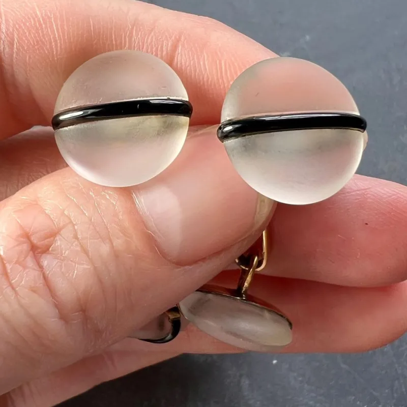 Online Pamono French 18k Yellow Gold Rock Crystal Enamel Stripe Cufflinks, 1930s, Set of 2